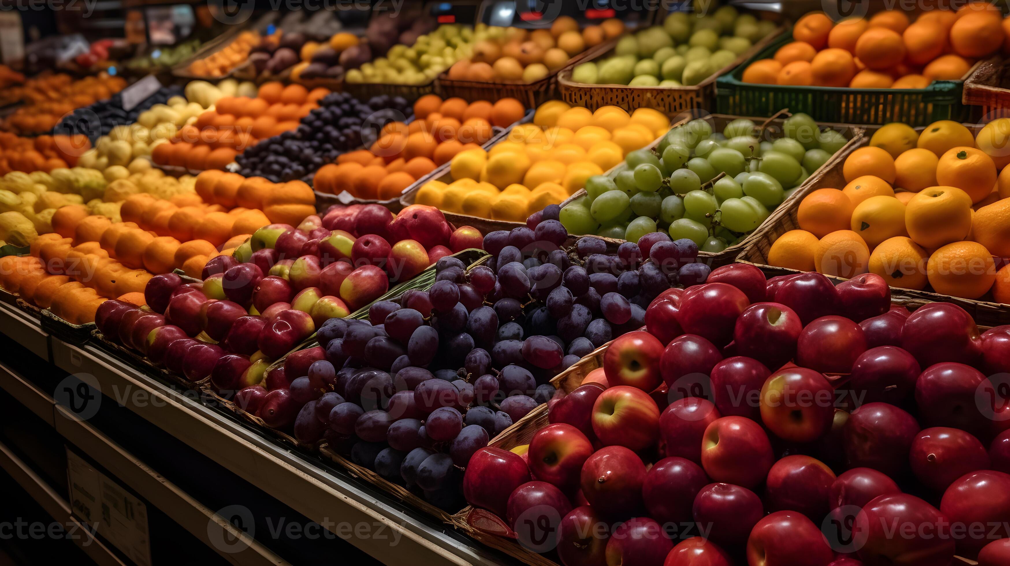 a collection of fruits on a supermarket shelf ,fresh fruit products in the mall ,generative ai