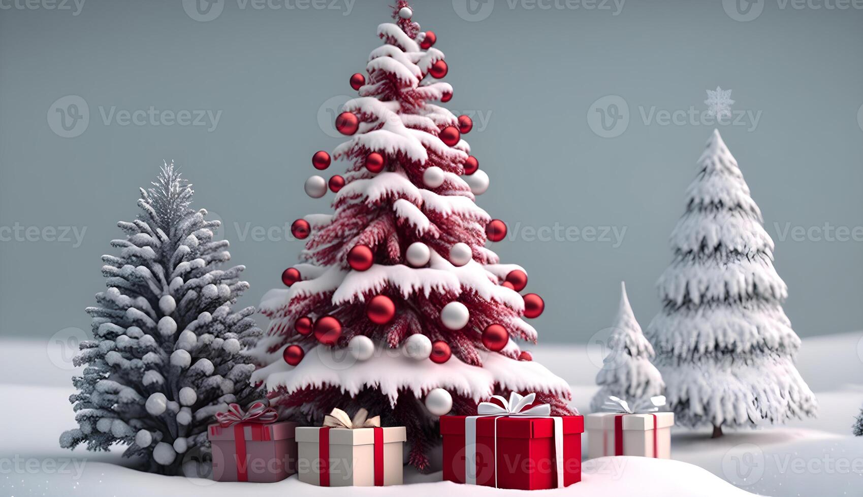 christmas tree ornament in snow background with pile of gifts box photo