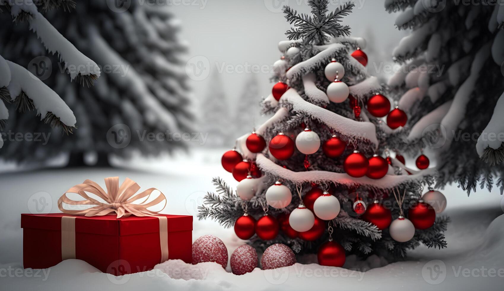 christmas tree in snow background with pile of gifts box photo