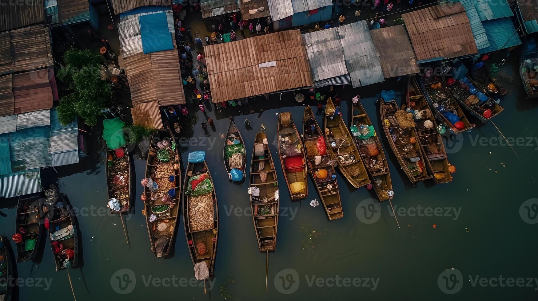 flotante tradicional mercado, tradicional flotante barco mercado, ver desde zumbido, generativo ai foto