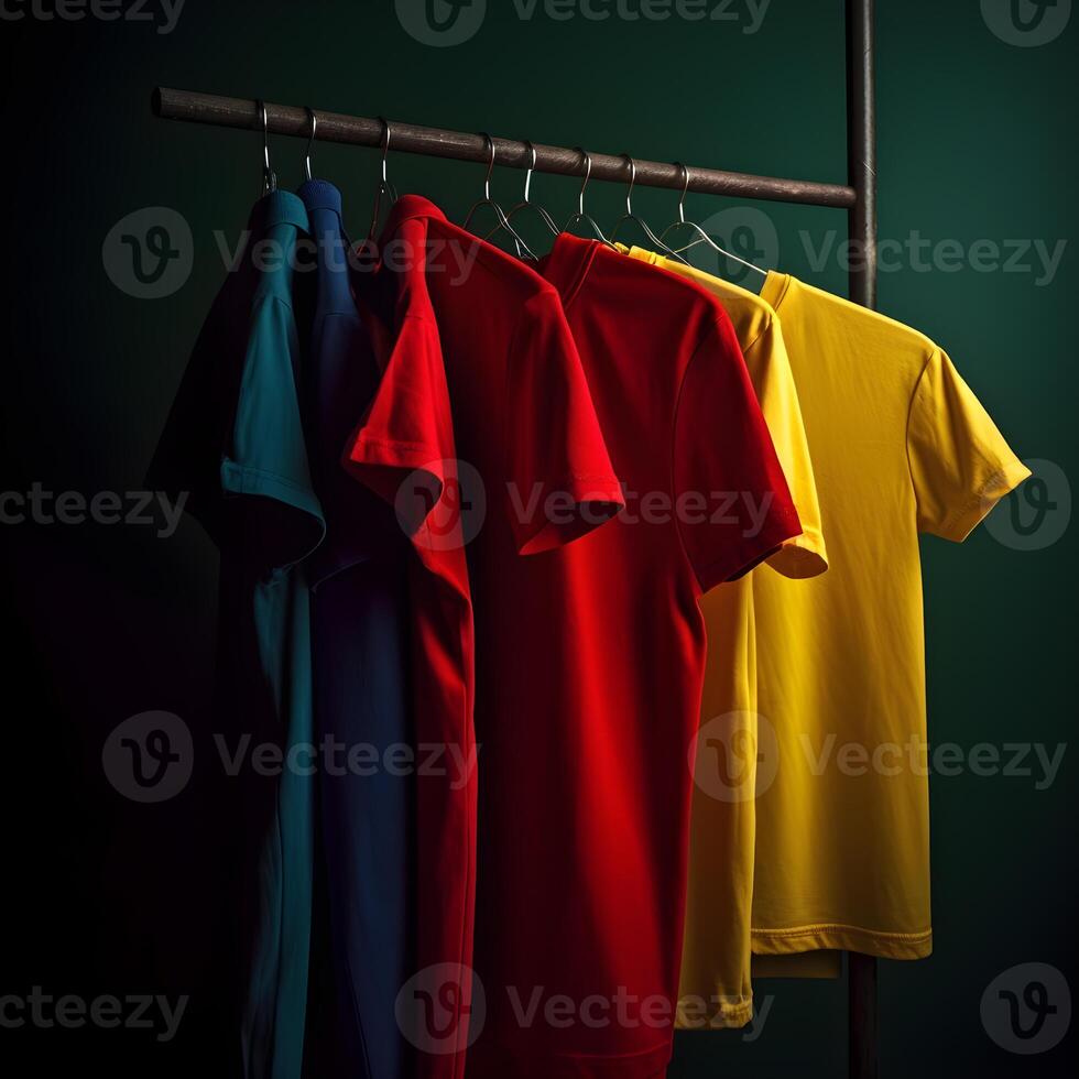 collection of cotton t-shirts hanging on hangers, display of cotton t-shirt products , photo