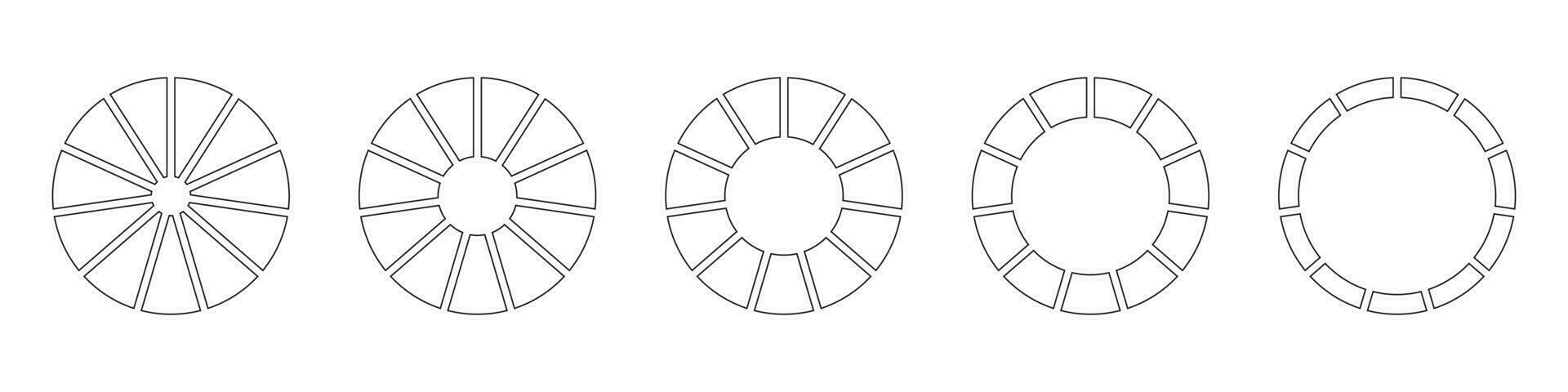 Wheels round divided in ten sections. Outline donut charts or pies segmented on 11 equal parts. Diagrams infographic set. Circle section graph line art. Pie chart icons. Geometric vector elements.