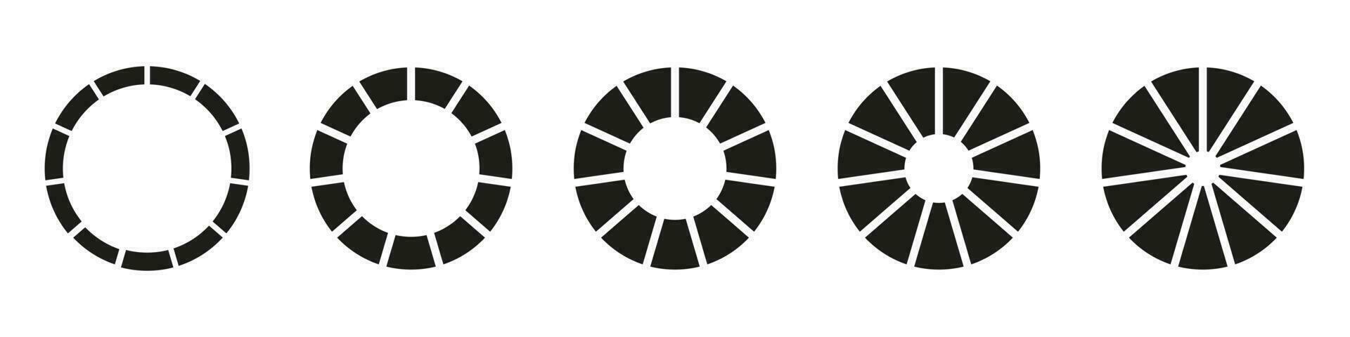 Wheels round divided in eleven sections. Diagrams infographic set. Circle section graph. Pie chart icons. Donut charts or pies segmented on 11 equal parts. Geometric element. Vector illustration.