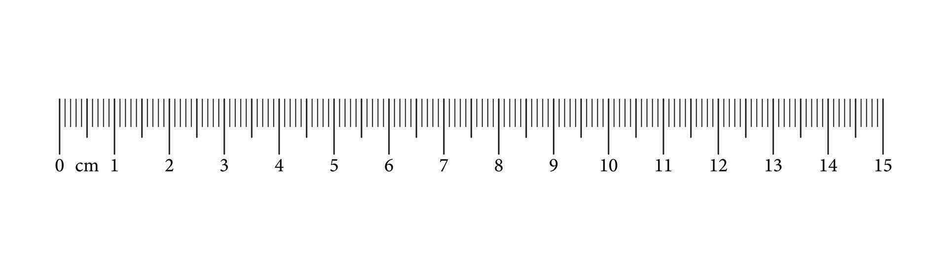 Measuring chart with 15 centimeters. Ruler scale with numbers. Length measurement math, distance, height, sewing tool. Graphic vector illustration.