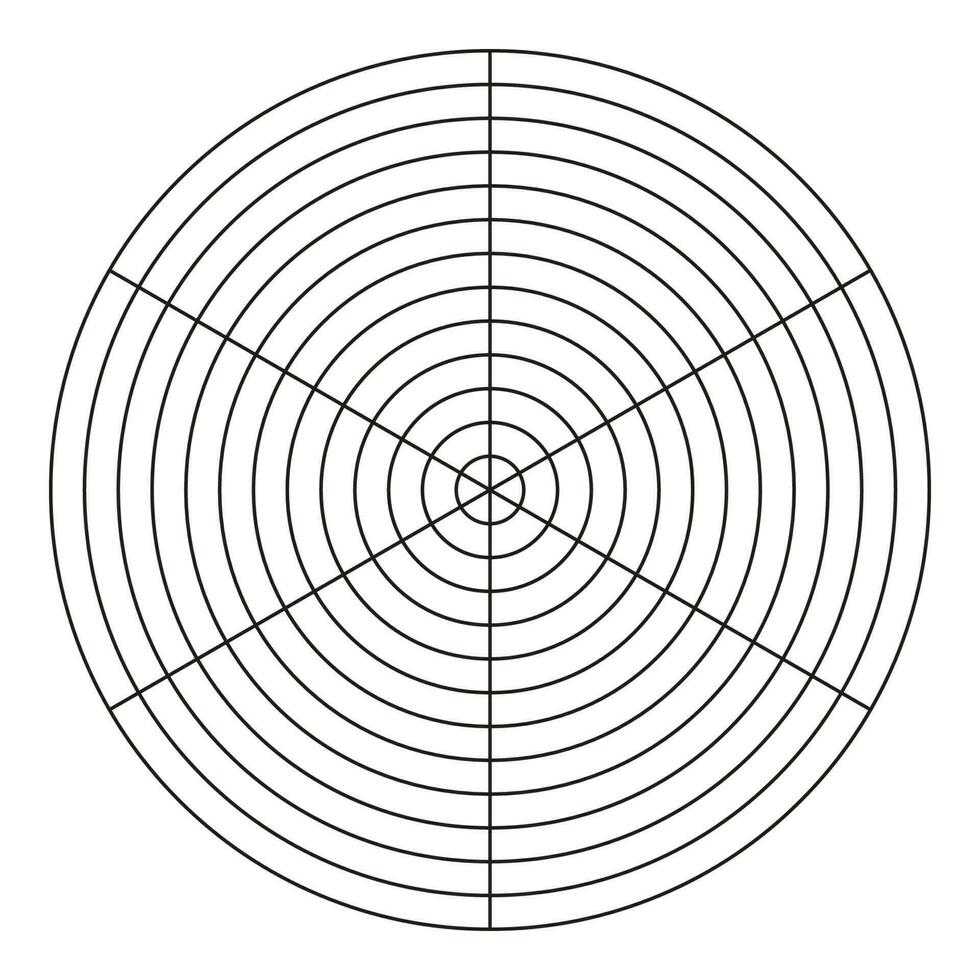 Polar grid of 6 segments and 12 concentric circles. Wheel of life template. Circle diagram of lifestyle balance. Coaching tool. Blank polar graph paper vector. vector