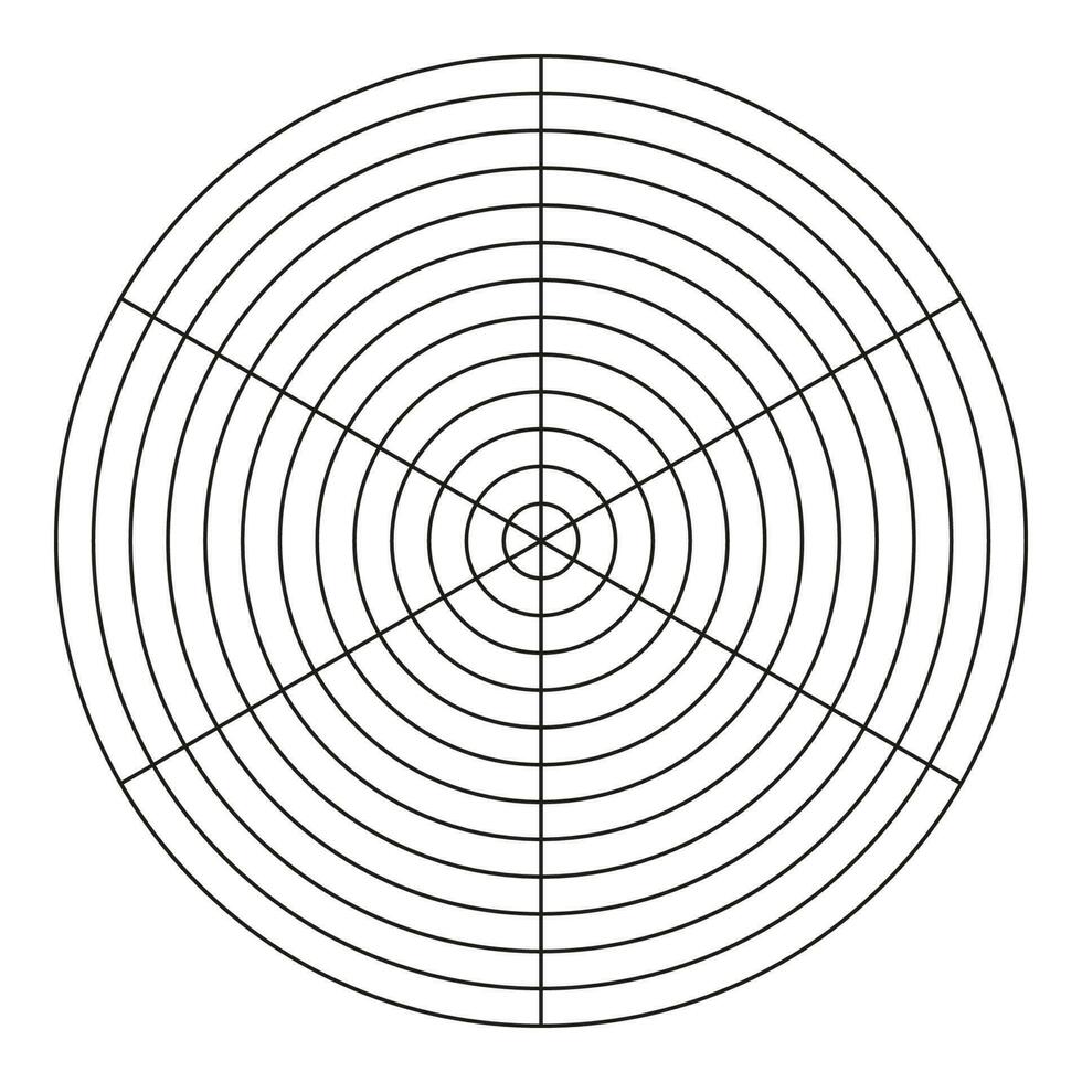 Polar grid of 6 segments and 12 concentric circles. Wheel of life template. Circle diagram of lifestyle balance. Coaching tool. Blank polar graph paper vector. vector