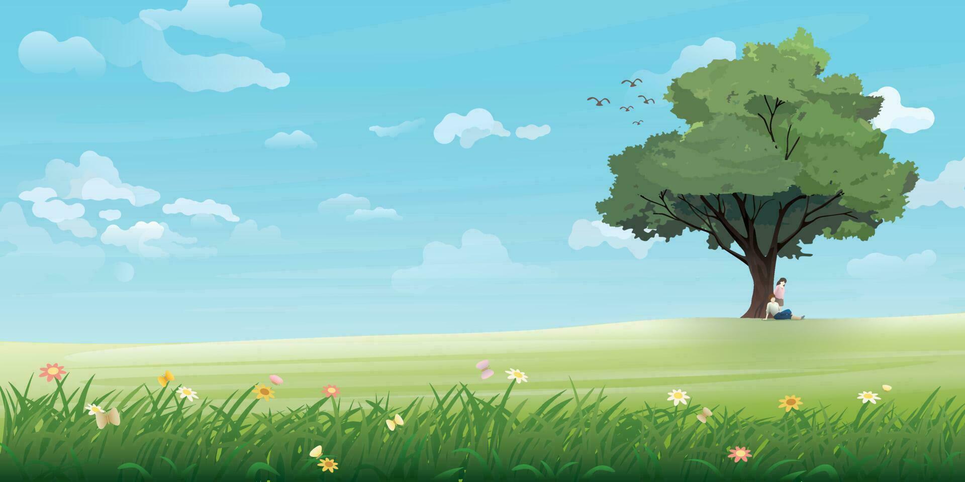 campo paisaje con Pareja de amante debajo el grande árbol tener azul cielo antecedentes plano diseño vector ilustración. San Valentín día tarjeta modelo.