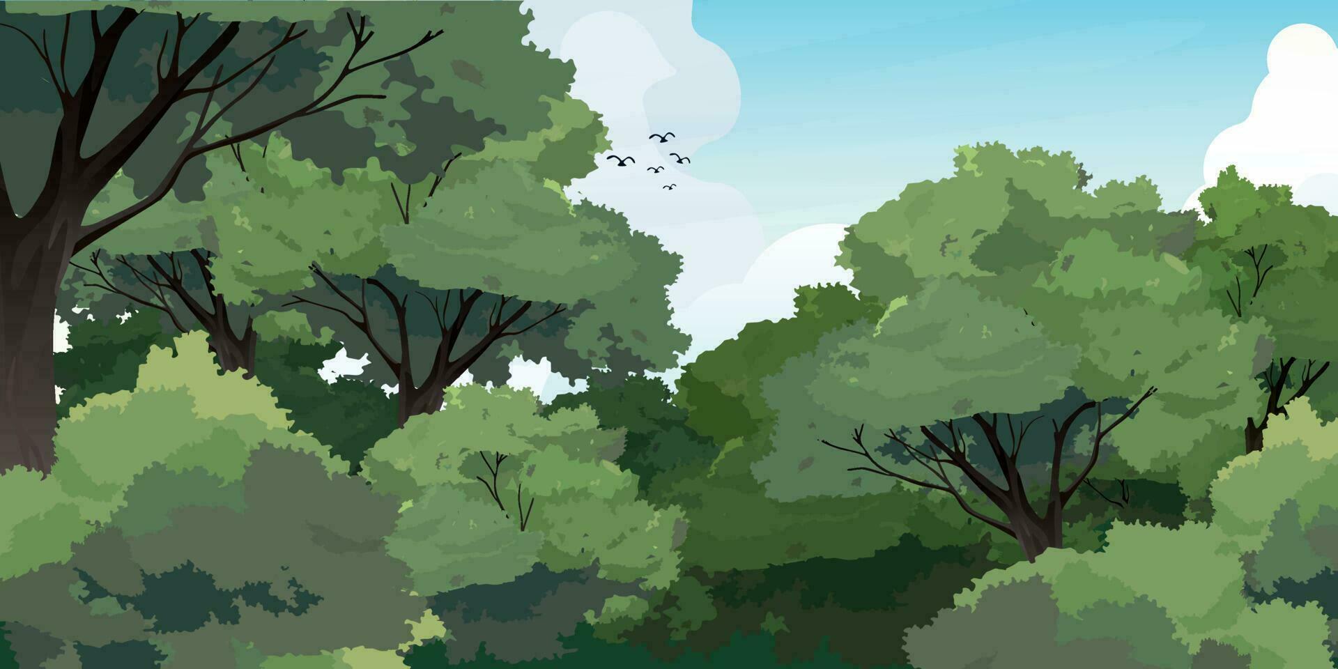 Evergreen forest trees, clouds and sky worm's eye view background. vector