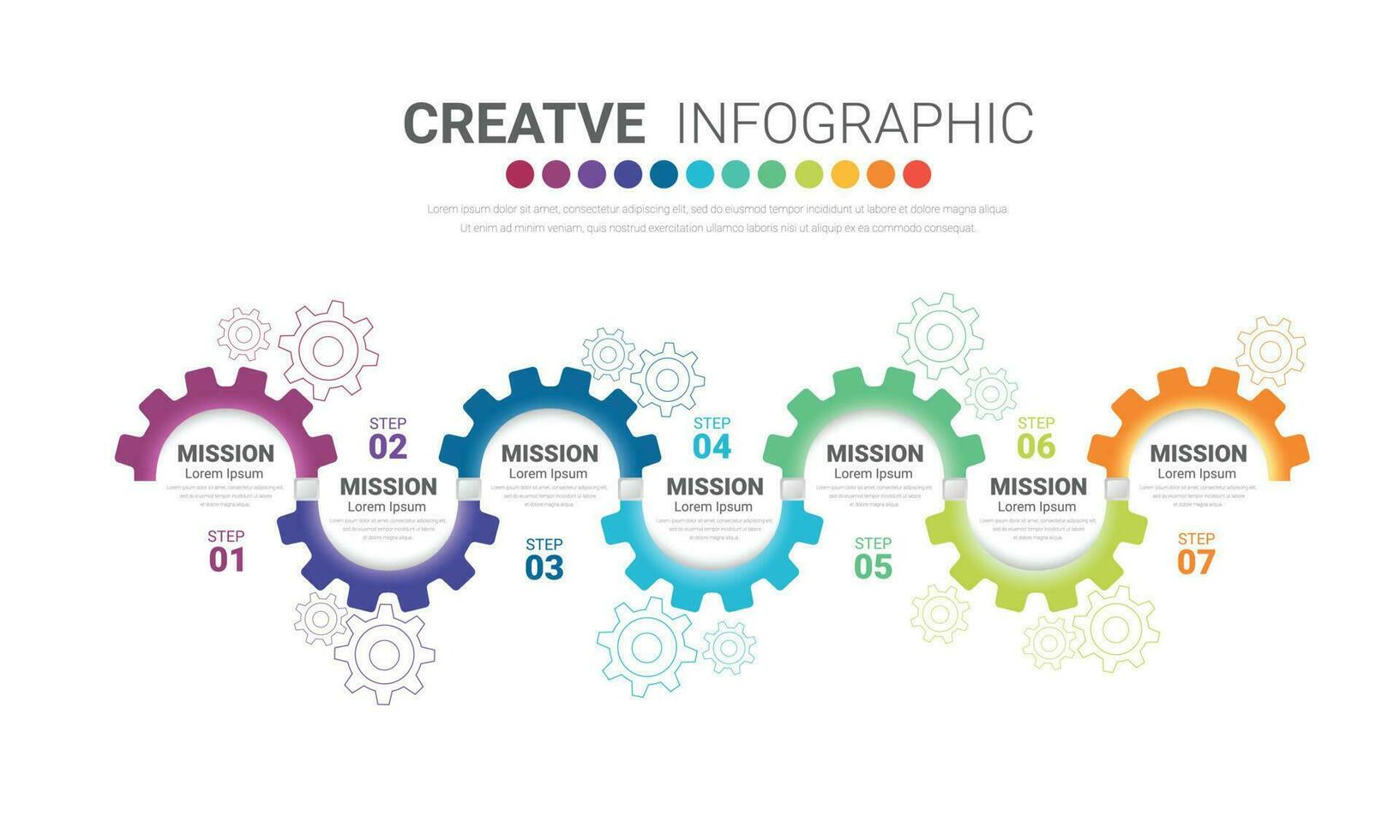 Engineering tech progress business presentation 7 steps. Cogwheel connection banner, gear infographic illustration. vector