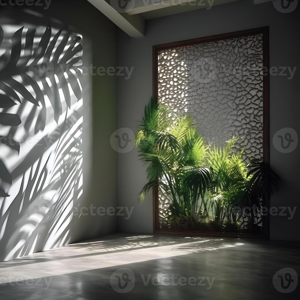 a room with a calming concept decorated with tropical plants in the sunlight , photo