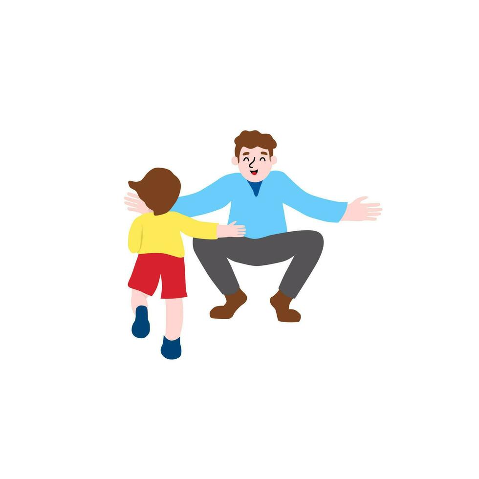 contento niño carreras a del padre abrazo. encantador familia papá. masculino caracteres de padre y niño. del padre día día festivo. vector ilustración en dibujos animados estilo.