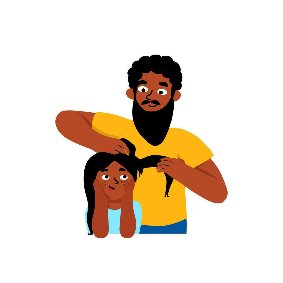 Father everyday moment life. Happy Fathers day. Latino dad is combing daughters hair. Mexican parent supportive role. vector