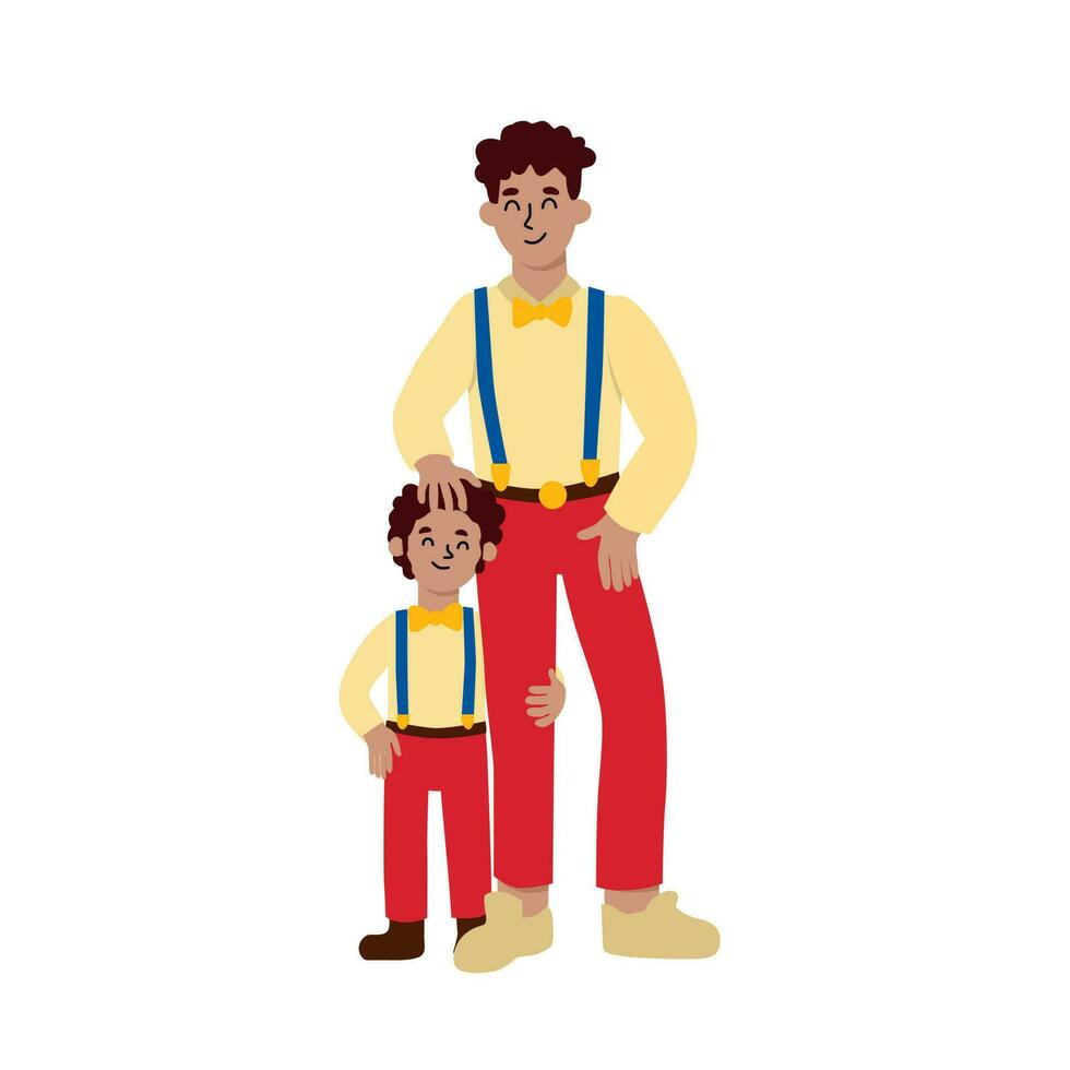 Happy fathers day. Dad and son in the same costumes. Boy hugs daddys leg. Lovely characters in cartoon flat style. Relationship between child and parent vector