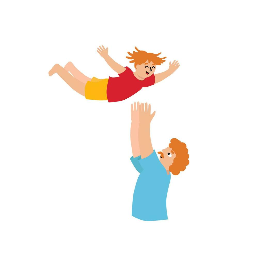 Father throws up his son. Family fun. Little boy joying the time. Happiness parenting, activities together. Happy fathers day. Vector illustration in flat cartoon style