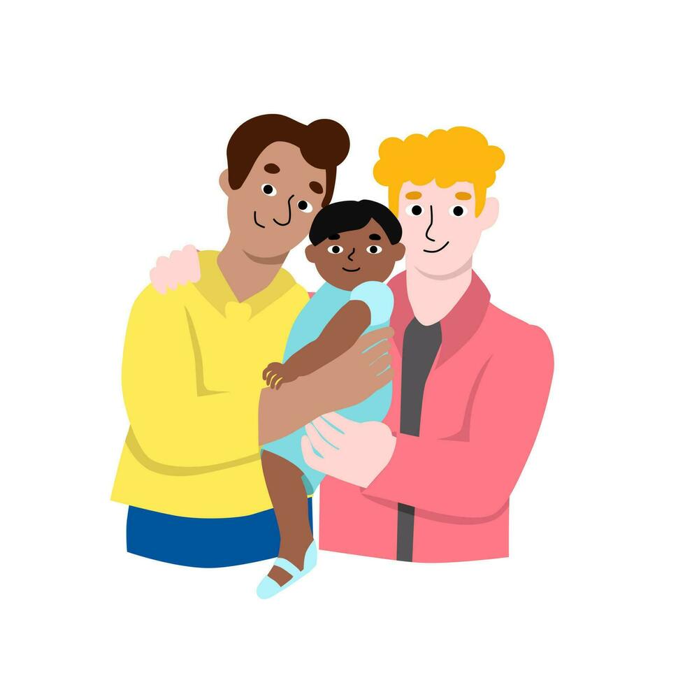 dos homosexual hombre. gay familia. latino americano y caucásico padres con africano muchacha. moderno vector ilustración en dibujos animados plano estilo. lgbt padres día caracteres