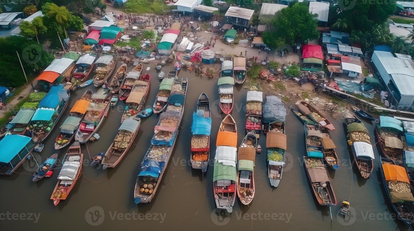 flotante tradicional mercado, tradicional flotante barco mercado, ver desde zumbido, generativo ai foto