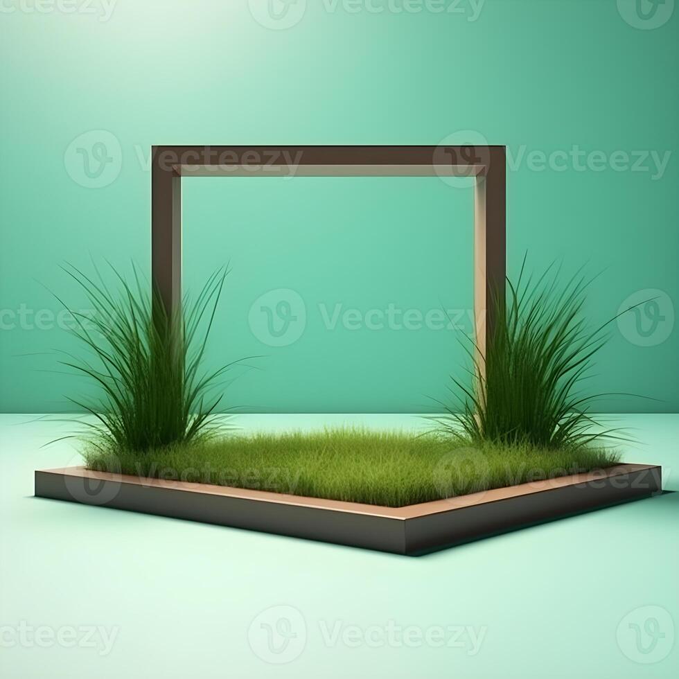 podium product made of 3d grass with a simple minimalist style , photo