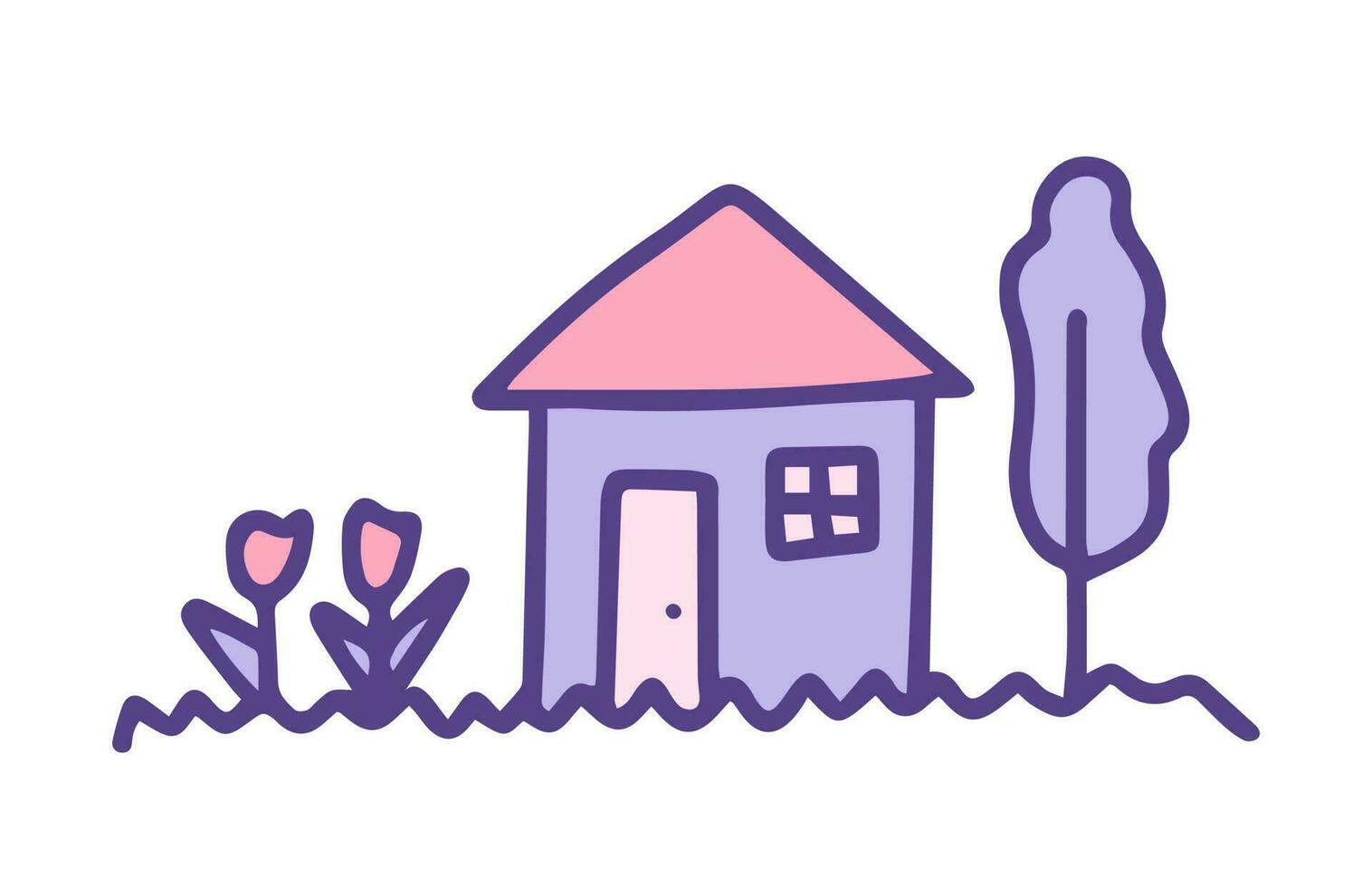 Childish sketch with a house, tree and flowers. vector