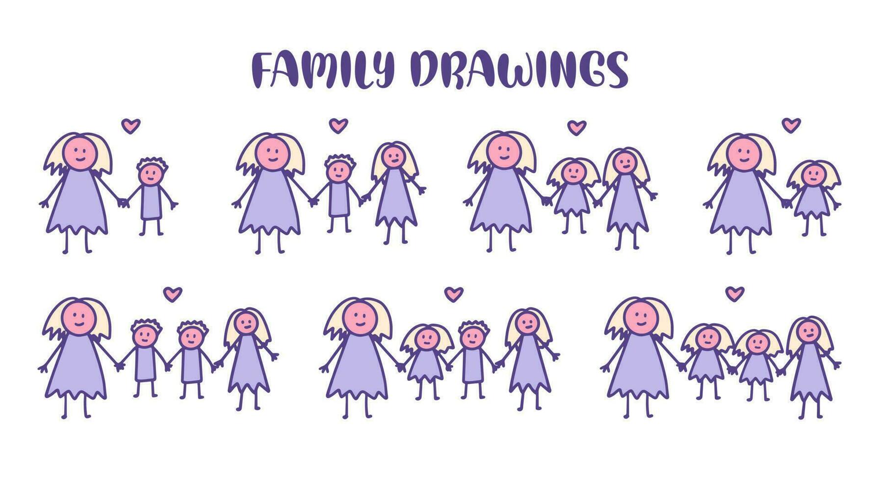 Set of kids doodle with different family drawings. vector