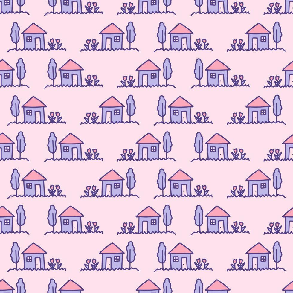 Childish sketch with a house, tree and flowers vector background illustration.