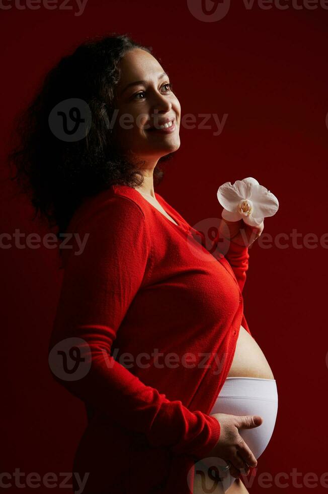 Beauty portrait of dark haired charming ethnic pregnant woman smiles looking aside, strokes her belly. Pregnancy fashion photo