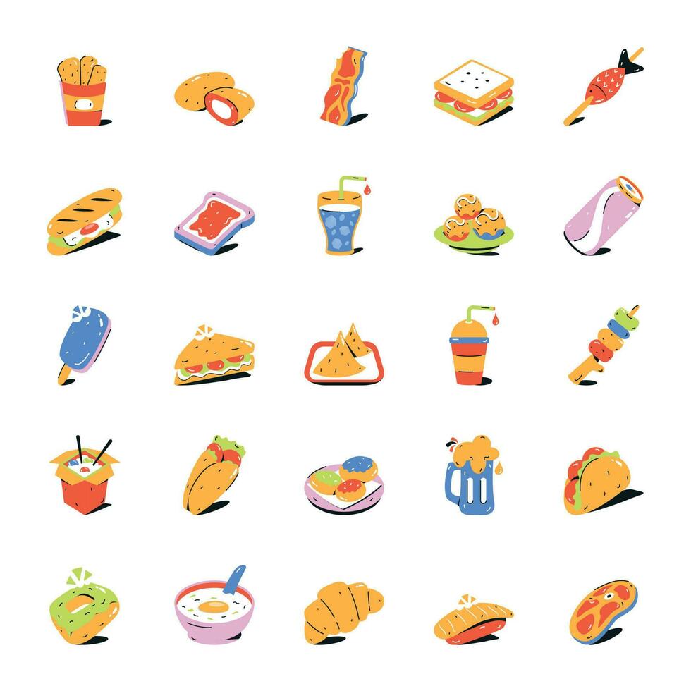 paquete de iconos planos de comida rápida vector