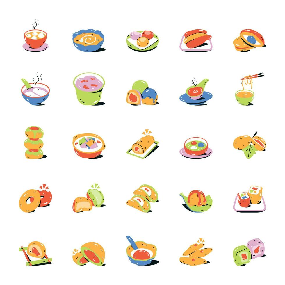 Pack of Chinese and Japanese Dishes Flat Icons vector
