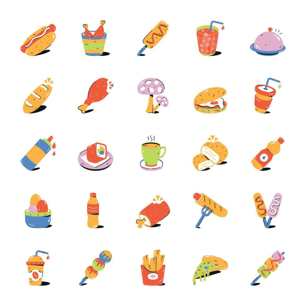Collection of Fast Food and Drinks Flat Icons vector