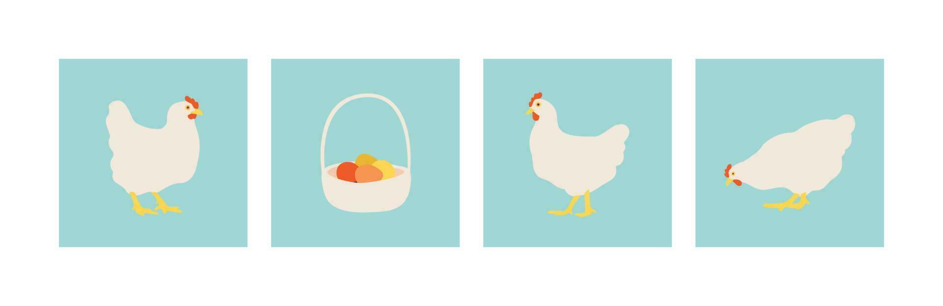 Chicken and eggs in wicker basket. Flat white chickens. Set of vector illustrations for design.