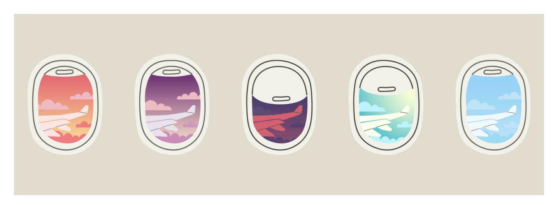 ver desde porta. conjunto de avión ventanas con abierto y cerrado cortinas noche, día, puesta de sol y amanecer cielo son al agua. avión ala vista. plano vector ilustración.