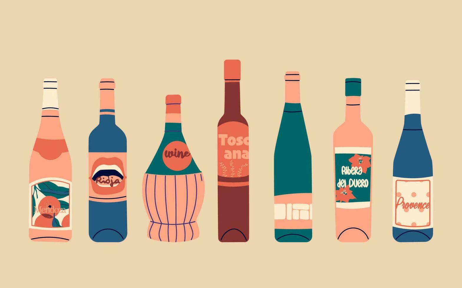 Set of vector flat bottles of wine. Labels with the names of wine-producing regions - Mendoza, Rioja, Tuscany, Ribera del Duero, Provence. Illustration for bar or restaurant menu design.