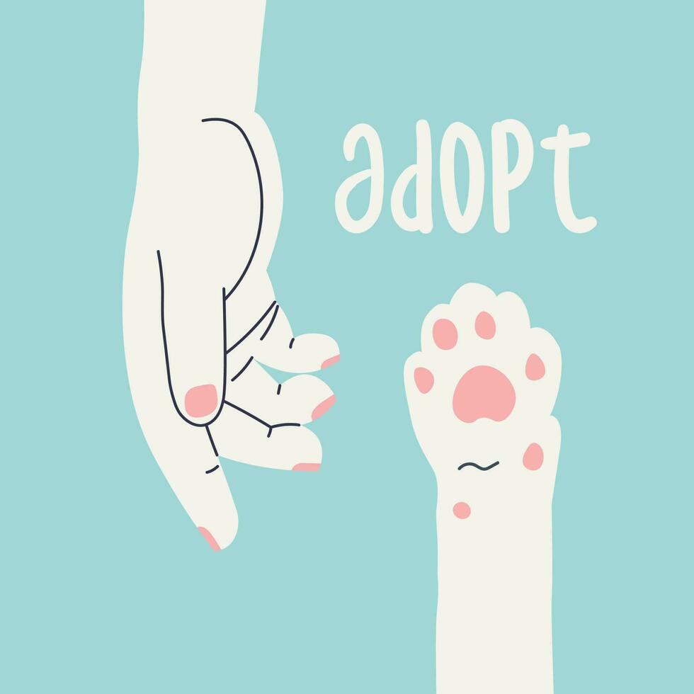 Adopt. Human hand reaches for a cat's paw. Simple flat illustration calling for animal adoption from the shelter. vector