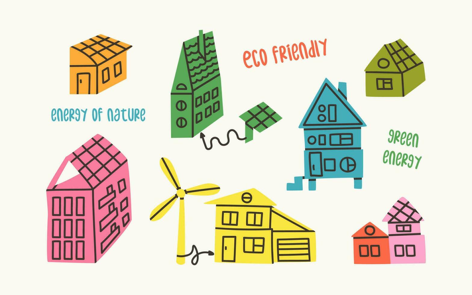 Set of ecological houses. Energy that is generated by solar panels and wind turbines. Eco buildings vector illustration.