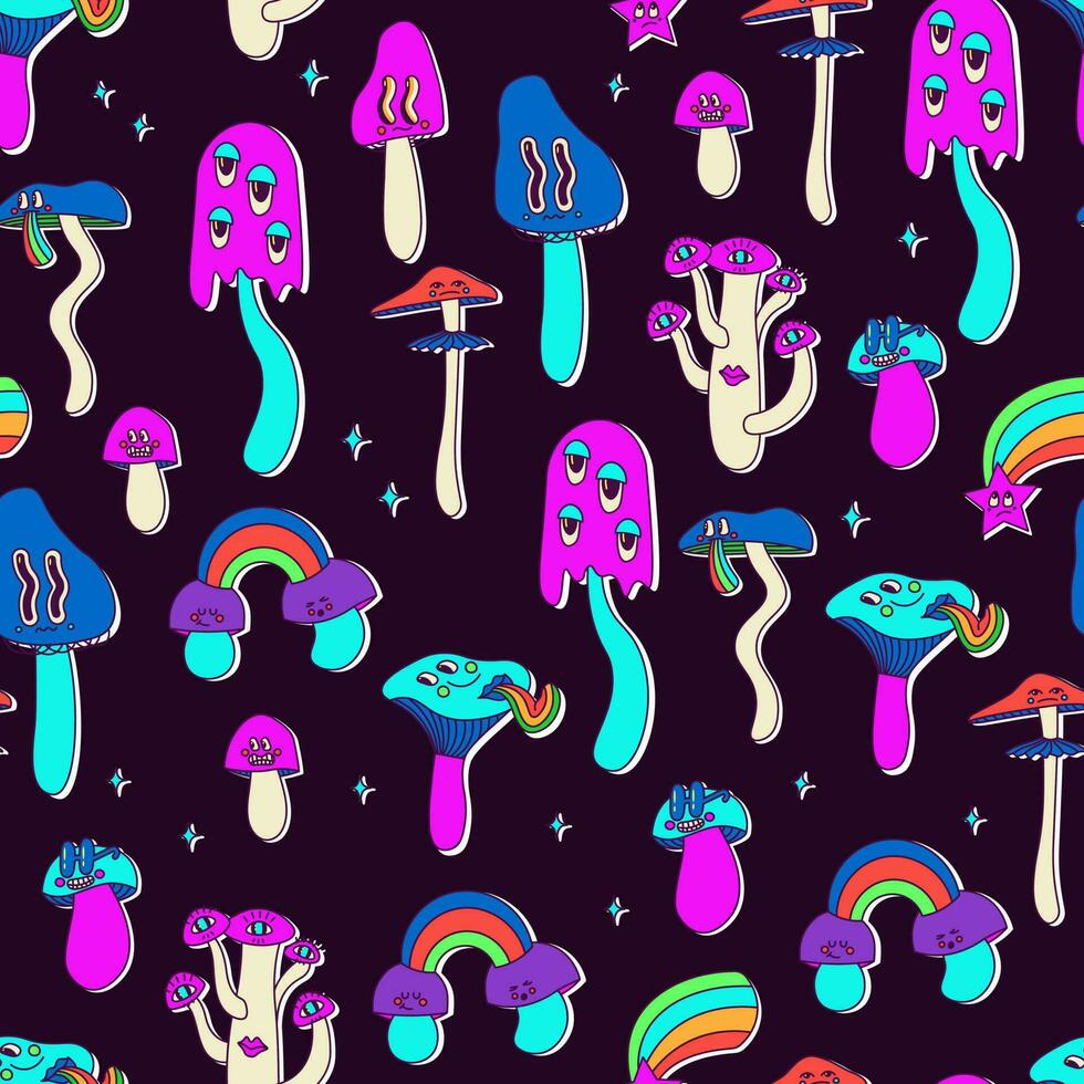 Seamless pattern of classic psychedelic cartoon mushrooms with faces, eyes, tongues and cheeks. Cute vector neon multicolor repeating print on black background.
