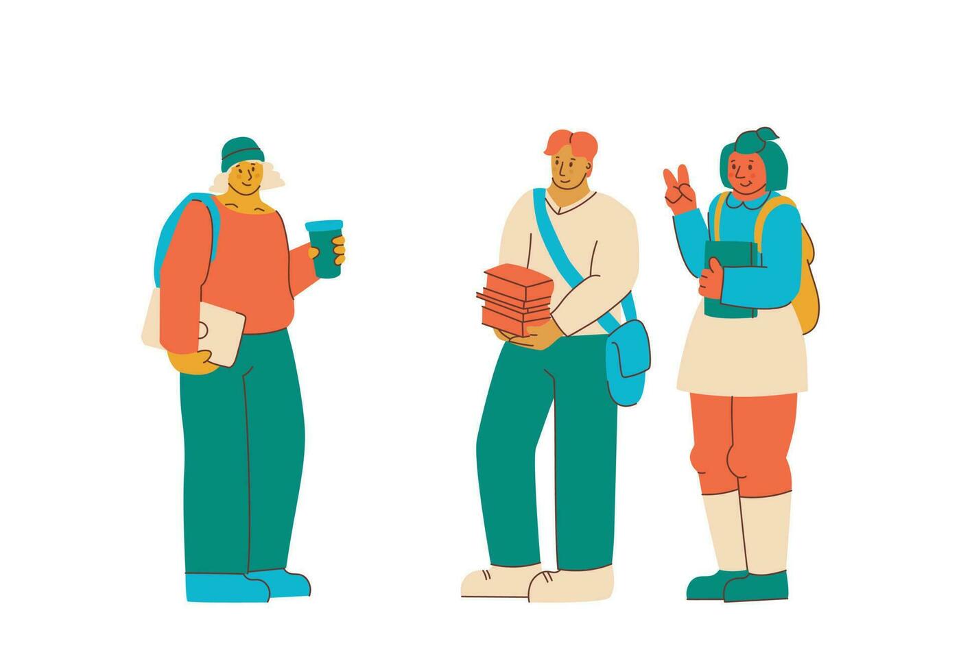 College students, multi-ethnic young people with textbooks. vector