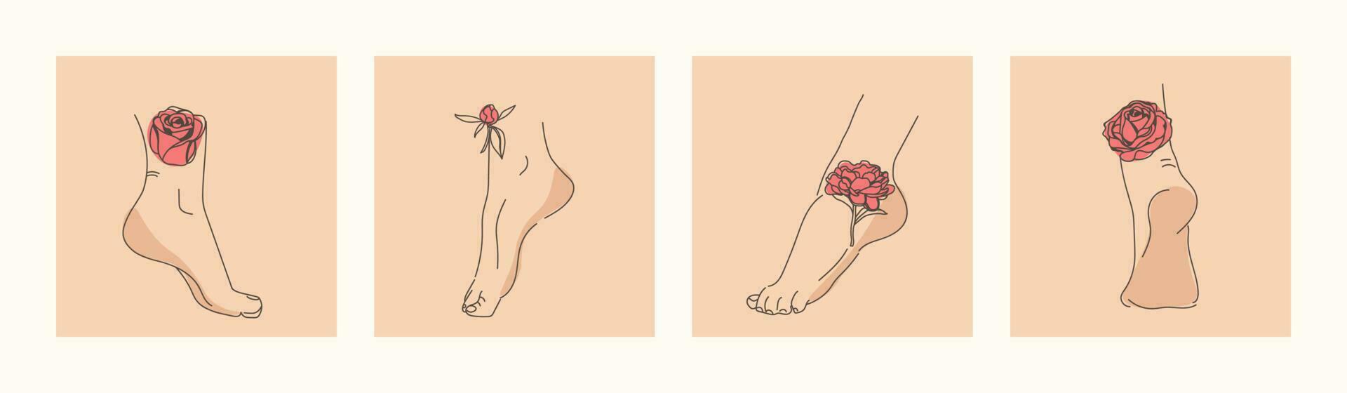 Elegant female feet with flowers. Human legs and heels. Trendy vector illustration in minimalistic style. Plants and flowers rose line.