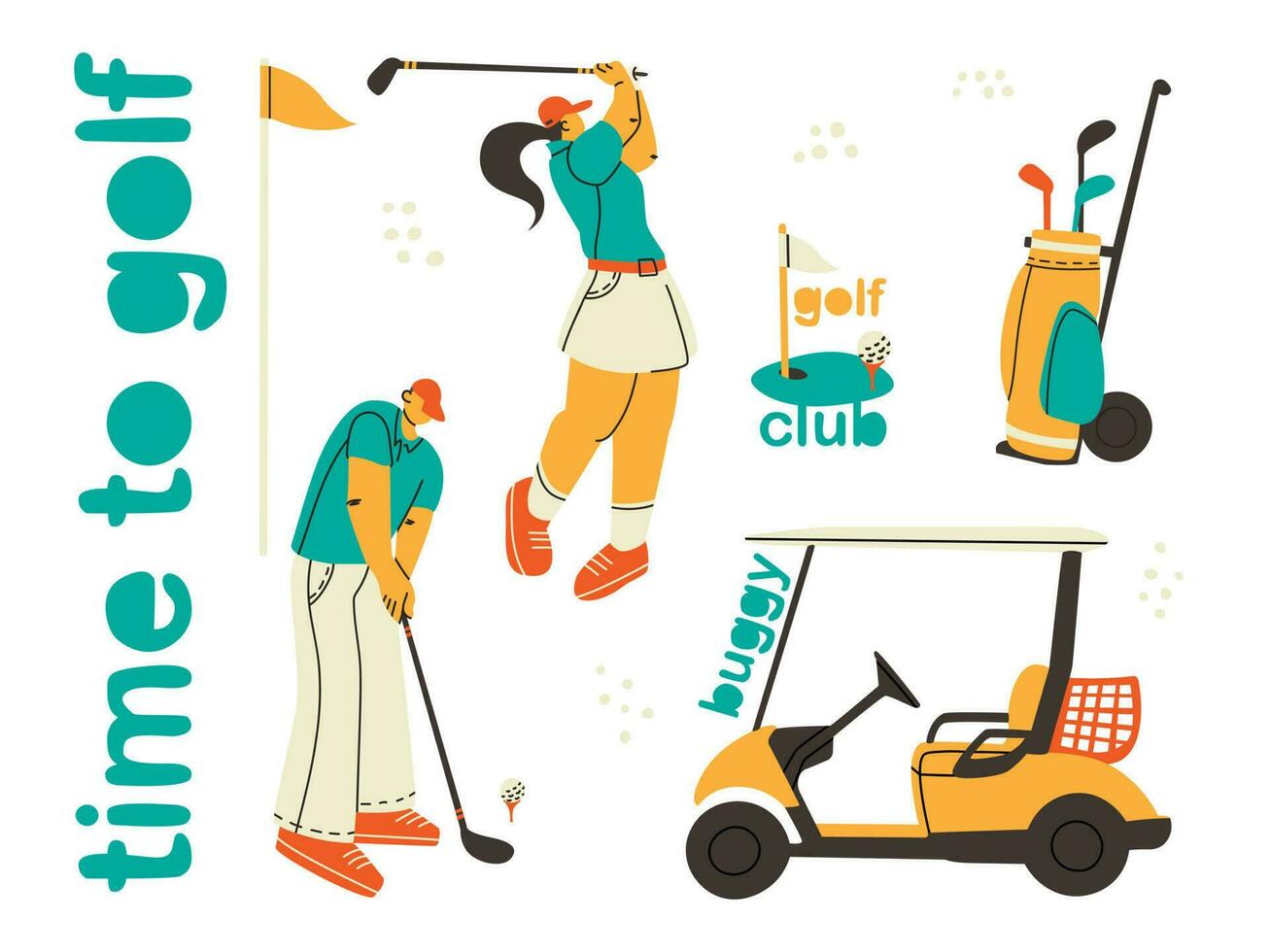 conjunto de golf elementos y jugadores de moda estilo de desproporcionado gente. vector