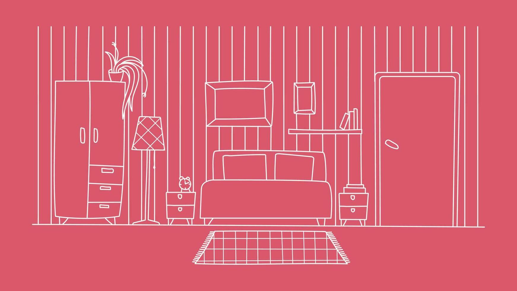 Bedroom interior flat simple. Linear outlines of furniture. Monochrome vector illustration. Pink background, white lines.