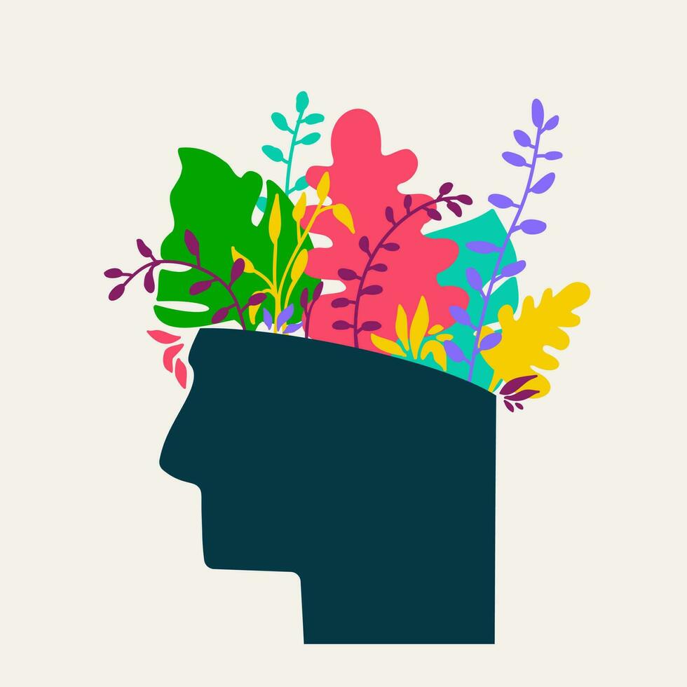 Mental health concept. Abstract image of head with flowers inside. Plants, flower and leaves as a symbol of inspiration, calmness, favorable mental behavior. Vector hand drawing illustration.