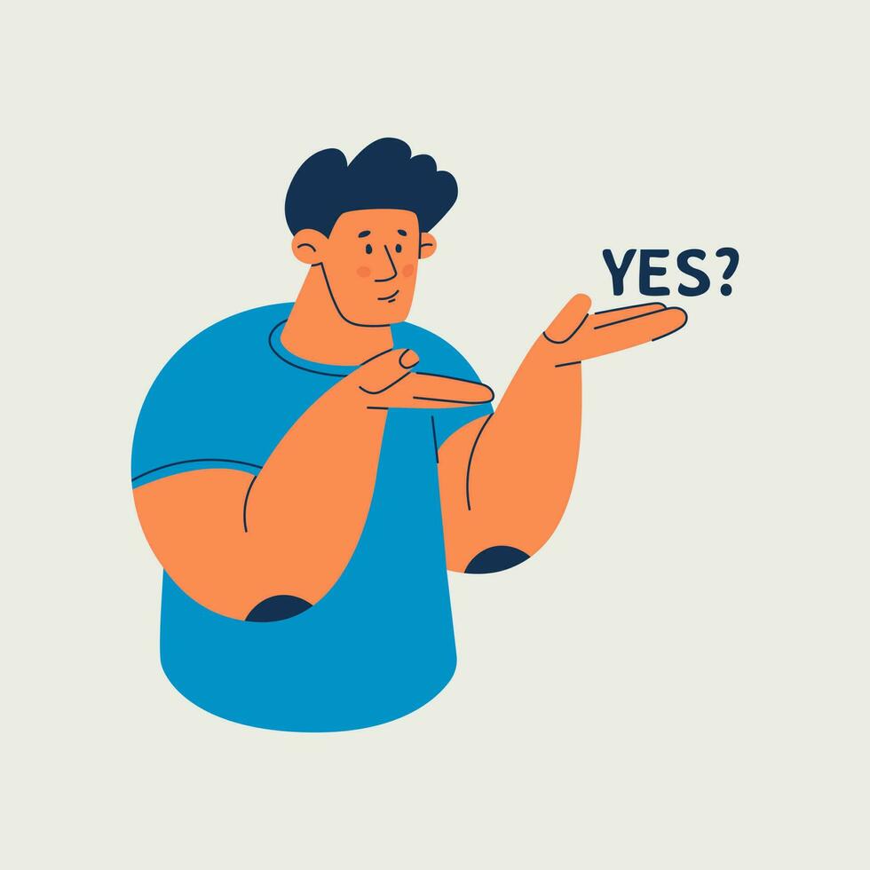 Young man shows with his hands in front of him, hold hand demonstrate offer. Cute guy demonstrates something, ask, yes Vector isolated illustration.