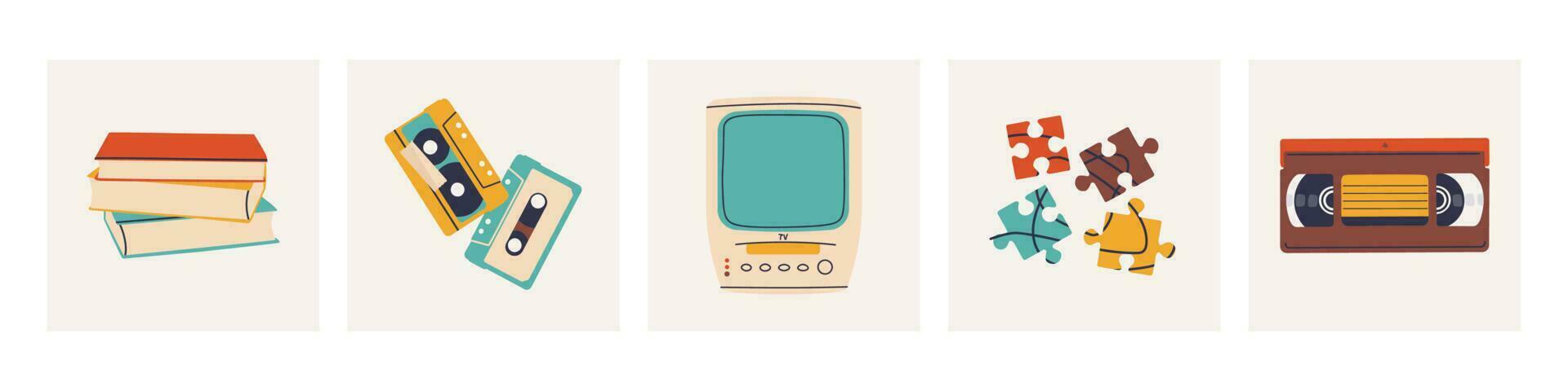 linda de moda ilustraciones - apilar de libros, audio y vídeo casetes, un televisión con un vídeo grabadora, rompecabezas conjunto de vector aislado elementos para retro diseño.