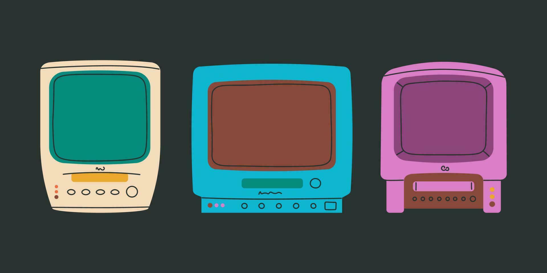 Old TV with VCR. Black and white TV with video recorder. Set of isolated retro elements on a black background. vector