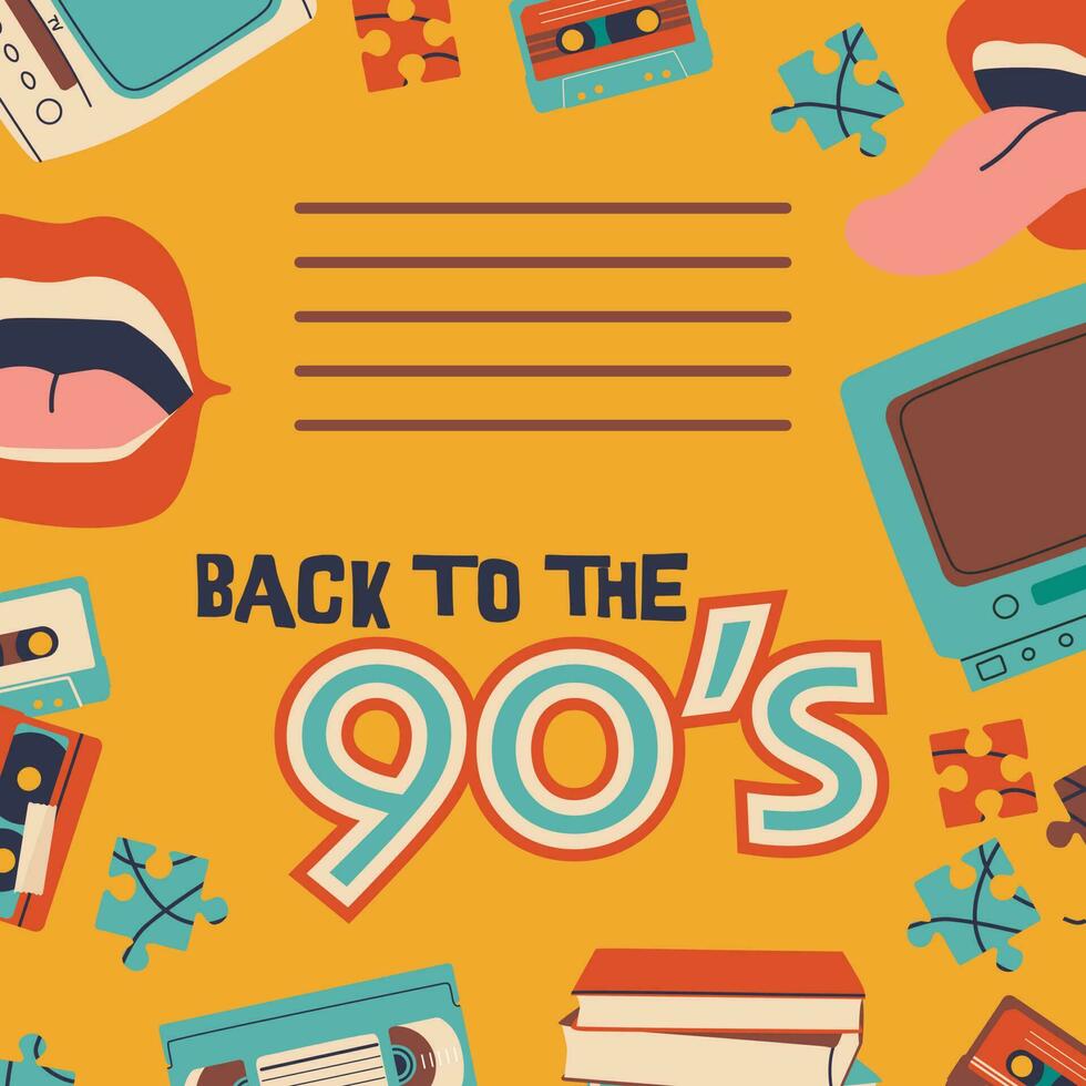 Back to the 90s. Video and audio cassettes, TV with VCR, vinyl records. Vector multicolor background for poster or invitation.