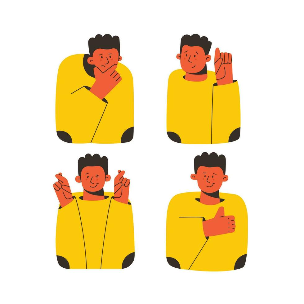 Cute cartoon character demonstrating various hand gestures. Thumbs up, fingers crossed, like, thoughtful. Vector illustration for business presentations, stickers, prints.