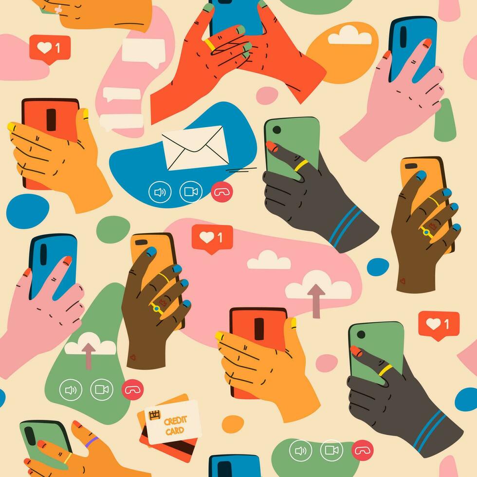 Vector seamless pattern. Smartphones in hands. Social networks and communications concept. Various hands holding smartphones. Video call, text chat, payment, email, upload to the cloud, likes.
