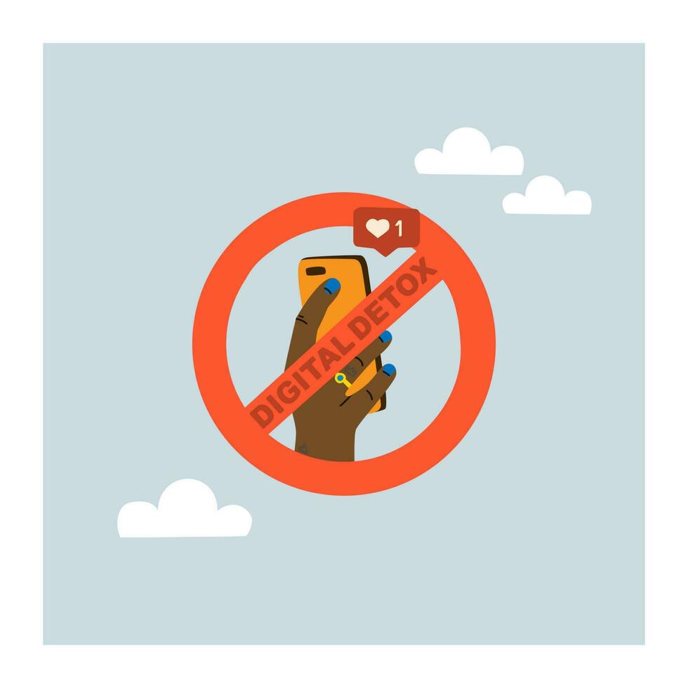 Digital detox. Prohibition to use a mobile phone. Hand holding a smartphone in a crossed out circle. No phone. vector