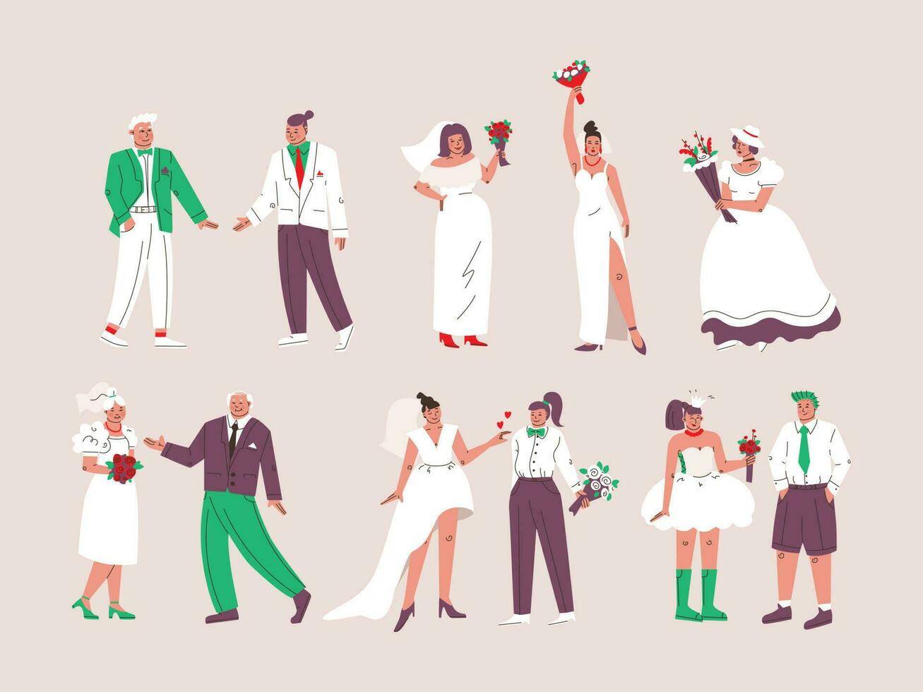 Big set of characters in wedding dresses and suits. Bride and groom, newlyweds of various nationalities, young and old men and women are happy in festive costumes. Flat trendy vector. vector