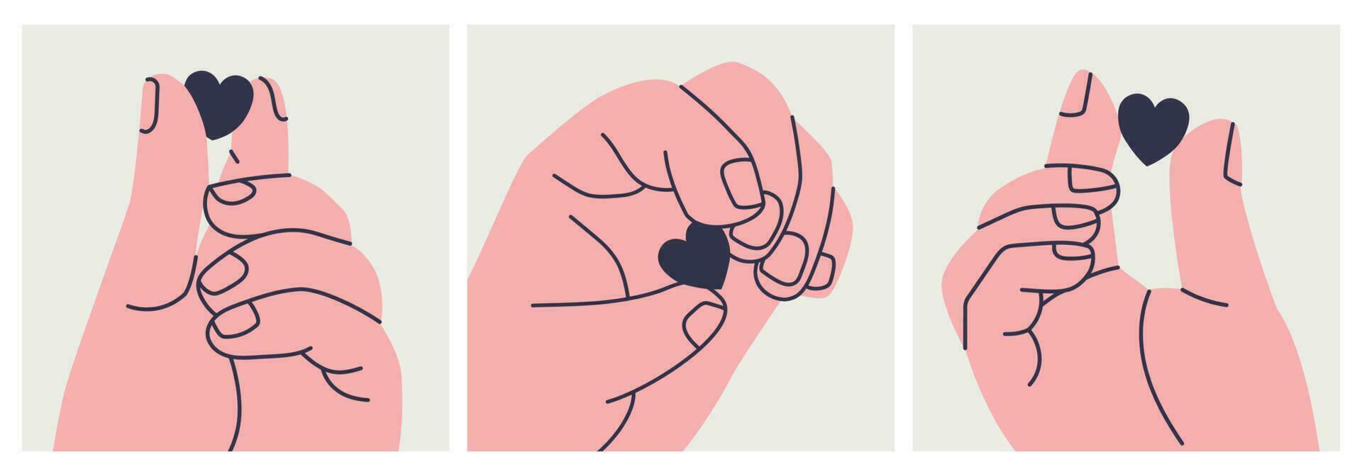 Set of illustrations of a giant human hand holding a heart with two fingers. Vector eps 10.