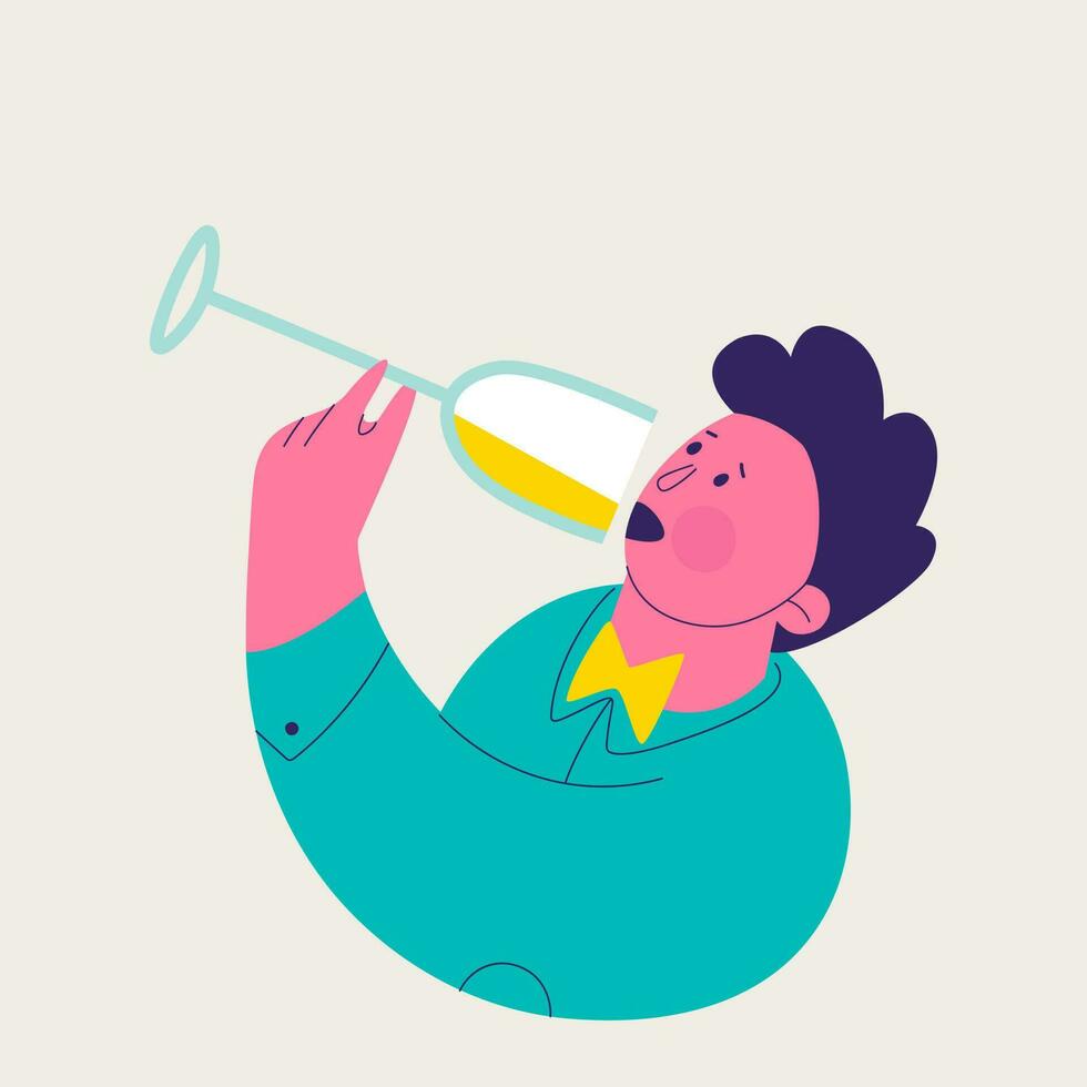 Single illustration from a set of white wine tasting. Cute man drinking white wine. Vector trendy isolated illustrations for design.