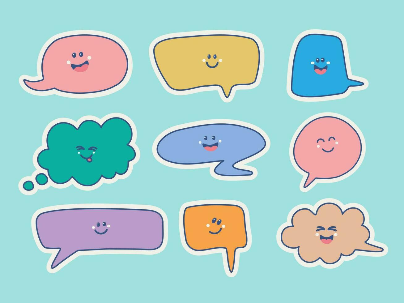 Dialogue or speech bubble with cute kawaii faces. Vector isolated stickers.